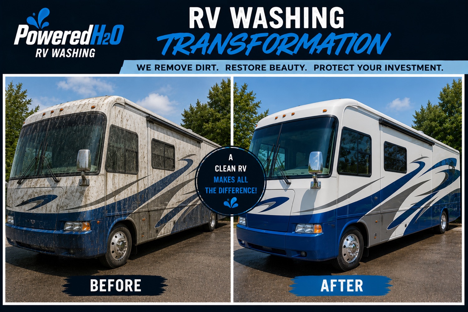 Powered H2O washing the exterior of a Class A motorhome RV