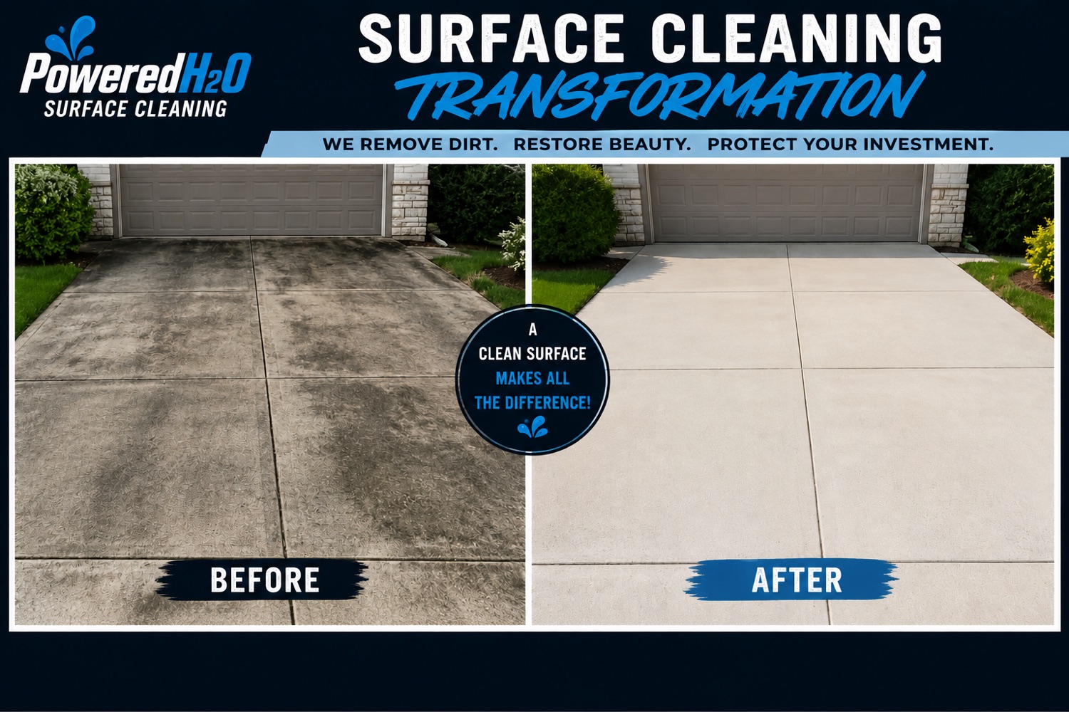 Powered H2O surface cleaning a concrete driveway in Bakersfield